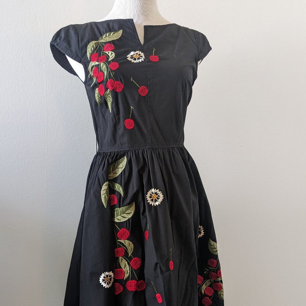 Vintage Vibes Embroidered Cherry Dress with pockets!
